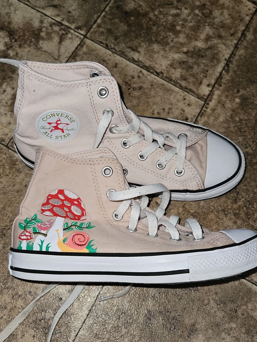 Converse Kids Light Pink High-Top Sneakers with Mushroom & Snail Design